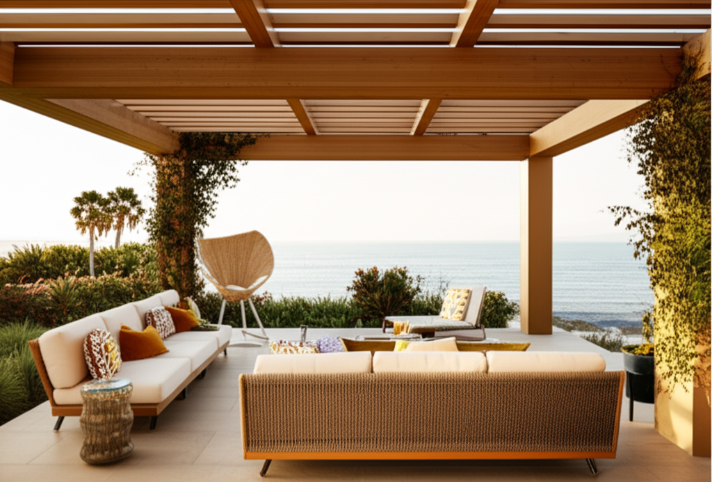 White pergola structure with ceiling fan in Carlsbad